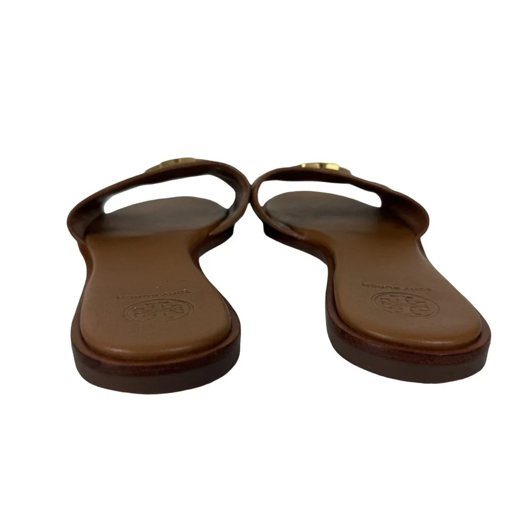 Tory Burch Everly Brown Leather Slide Sandals Gold Logo Accent Womens 8 M